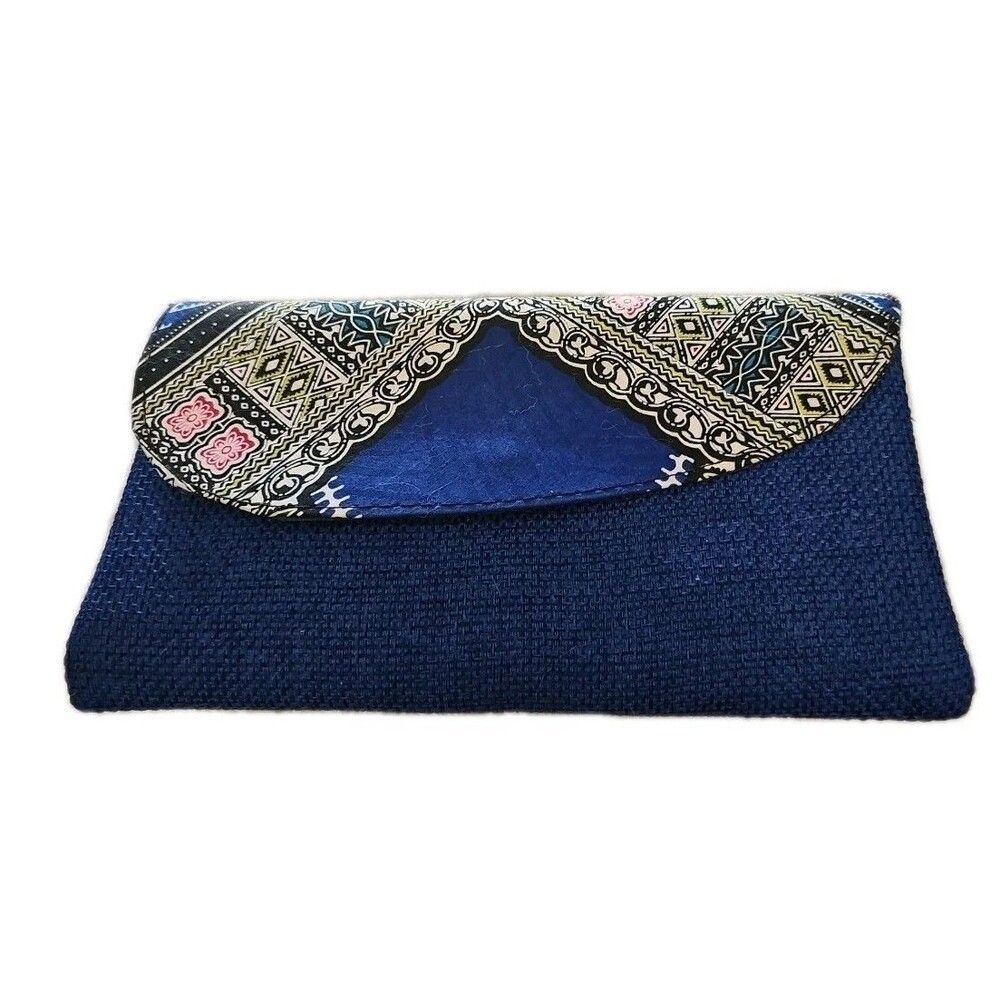 Blue Clutch Multicolor Flap Burlap/Straw Material Magnet Snap & Zipper Close NEW